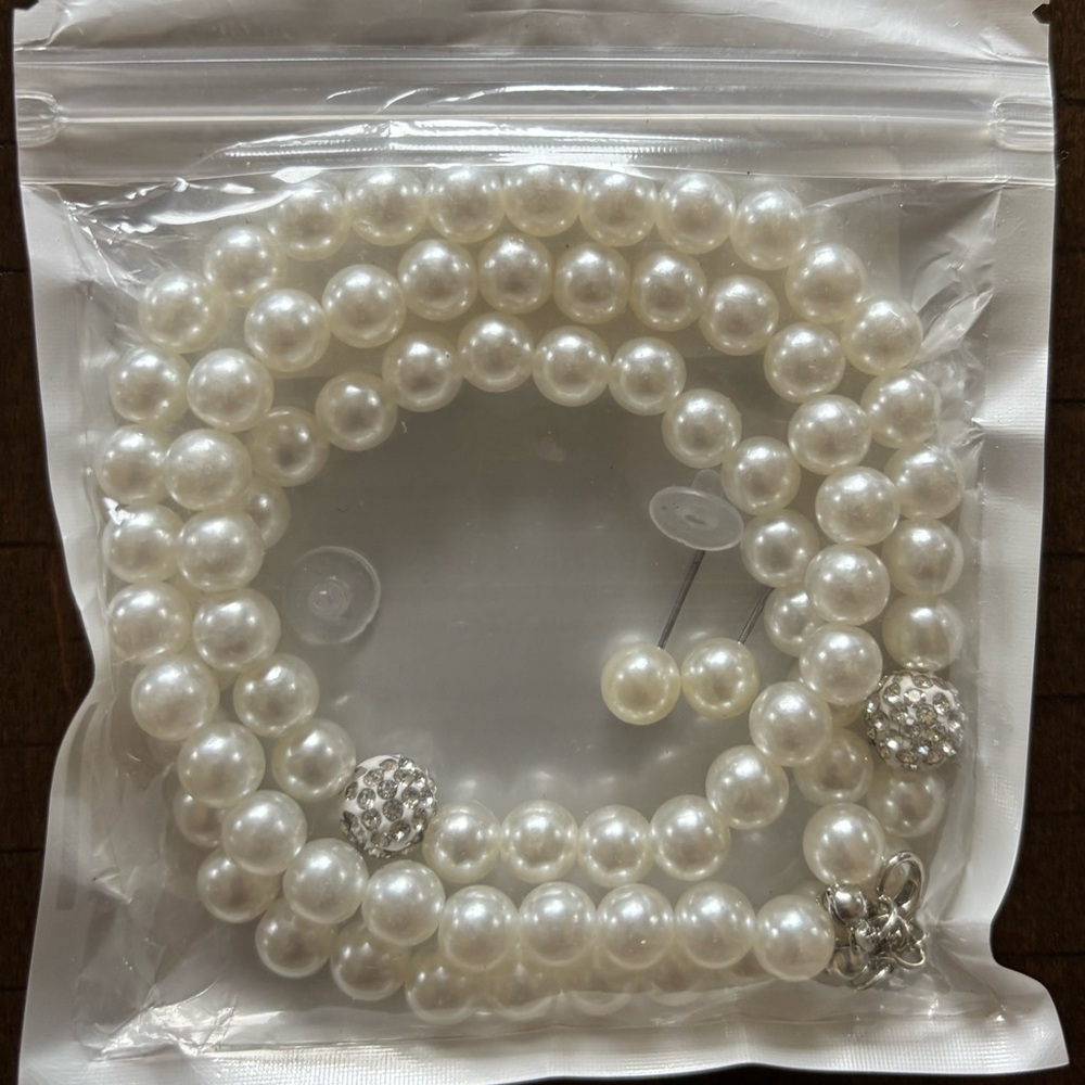 NWT Faux Pearl Necklace & Earrings Set, Rhinestone Details, Unopened Packaging